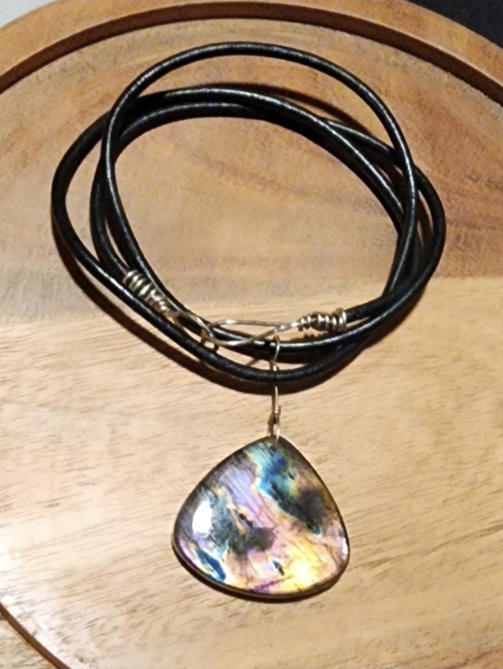 Necklace Labradorite Natural Black Leather Artisanal Sterling Silver Wire